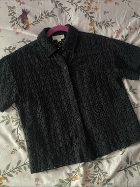 Marled Black Eyelet Lace Button Up Shirt